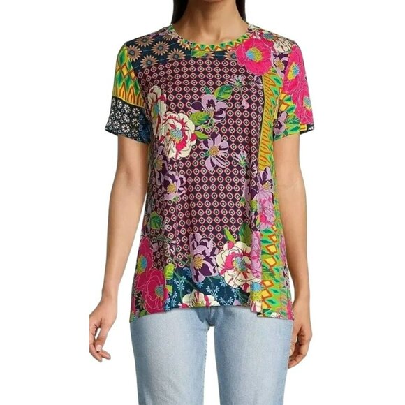 Johnny Was Maggie Crewneck Swing T-Shirt Multicolor Floral Patchwork Print XL - Picture 7 of 9